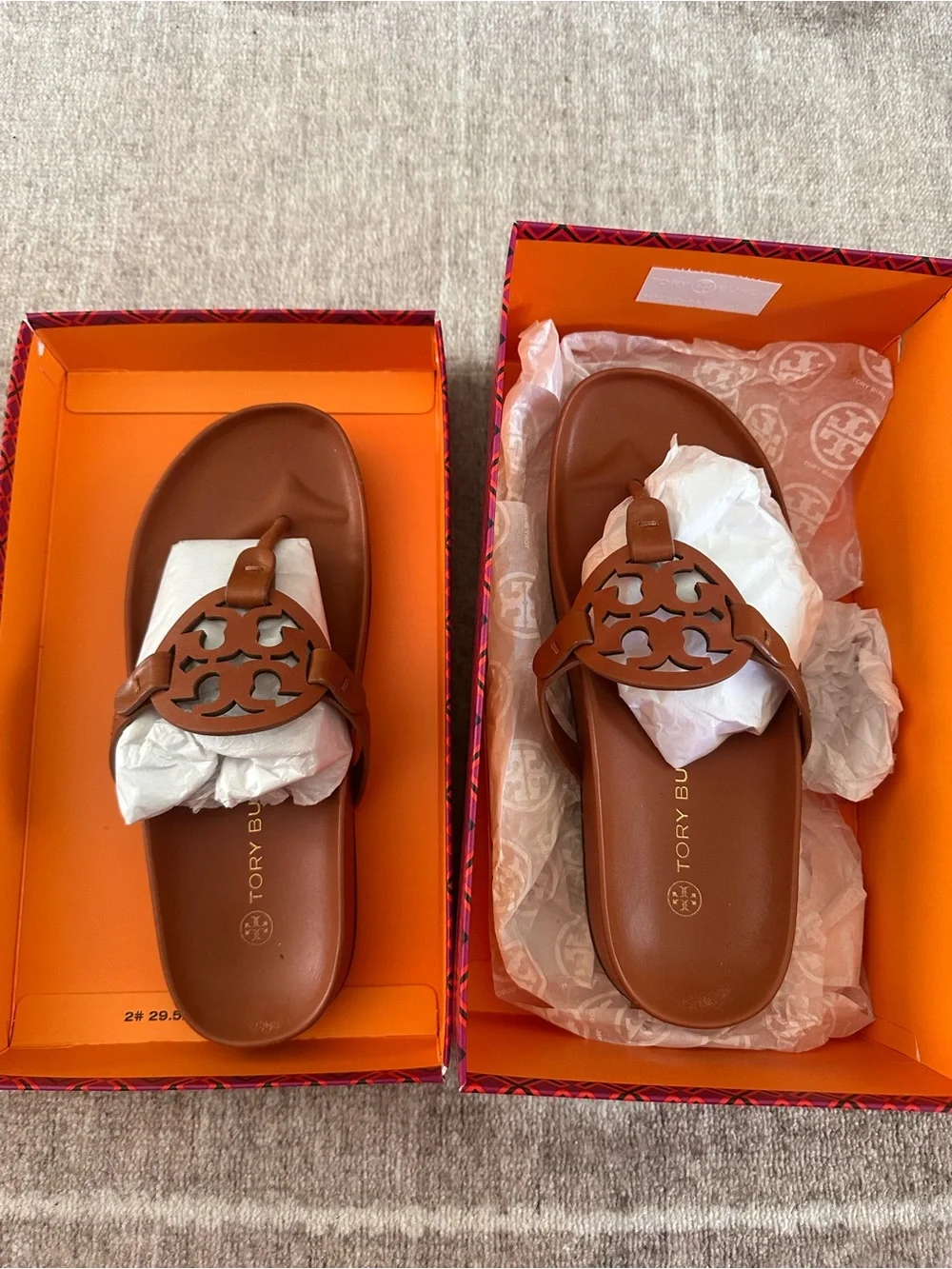 Tory Burch Cognac Leather Logo Thong Sandals